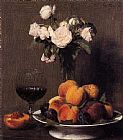 Henri Fantin-latour Canvas Paintings - Still Life with Roses Fruit and a Glass of Wine